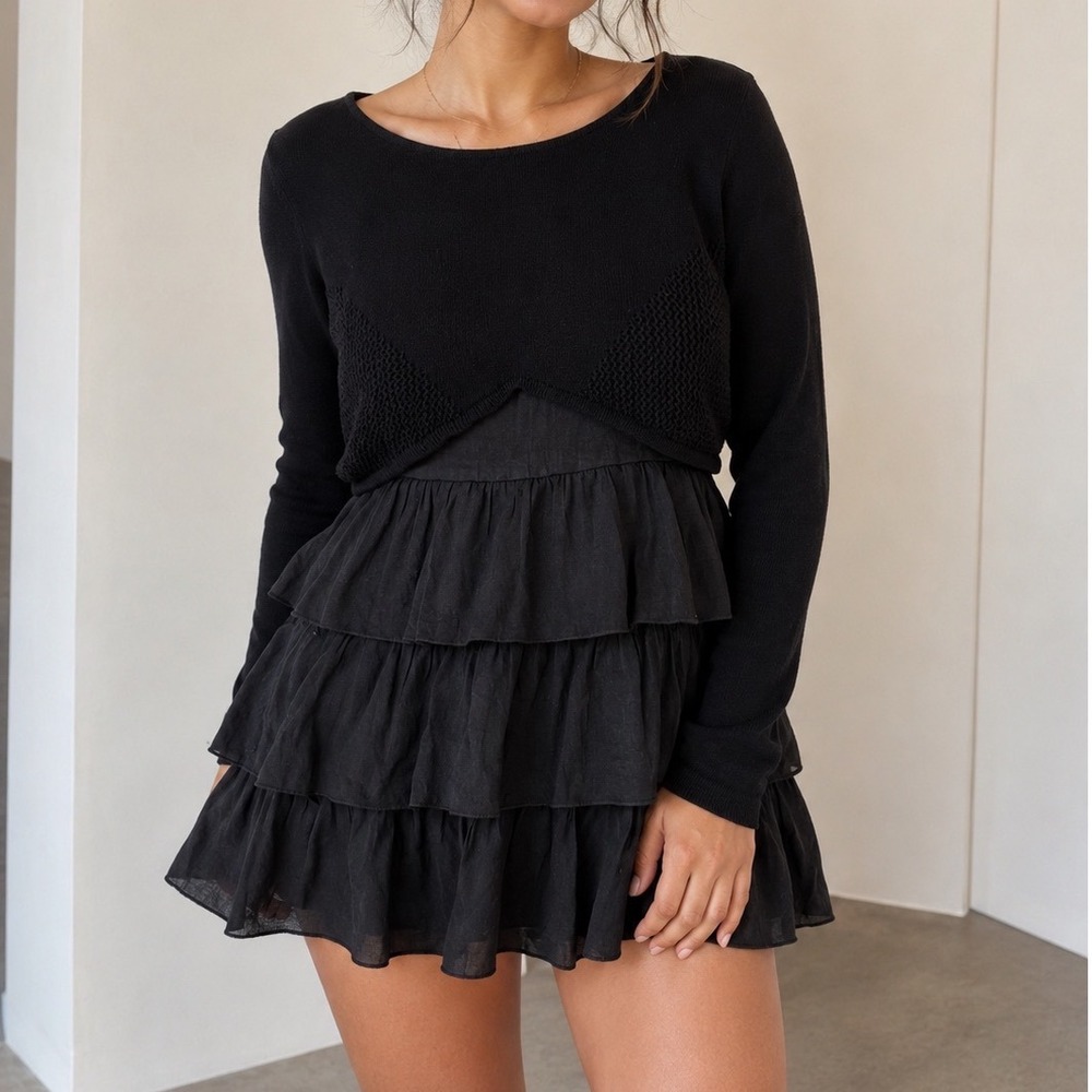Selfie Couture Black‎ Tiered Ruffle Mini Dress Knit Long Sleeve grunge Boho M ff